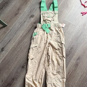 Free People Beige Overalls with Green Straps SZ XS